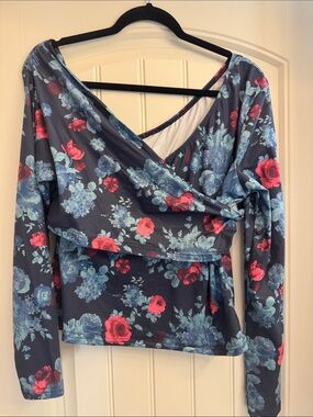 SHEIN Navy Wrap Long-Sleeve Top with Pink and Light Blue Floral Print, xl, 12